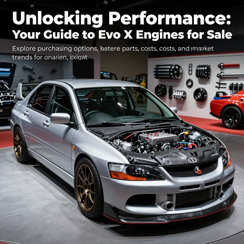 A Mitsubishi Evo X car displaying its engine, surrounded by various aftermarket performance parts.