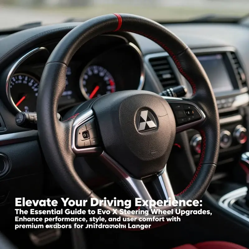 Evo X steering wheel showcased in an automotive performance setting.
