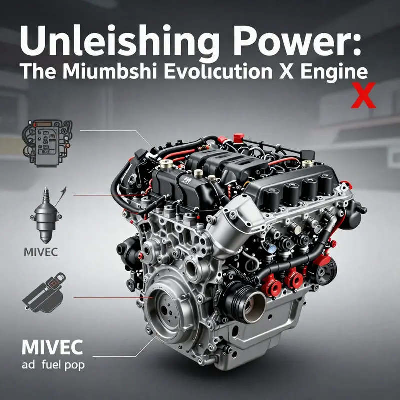 The high-performance 4B11T engine highlighting key features like the turbocharger and DOHC design.