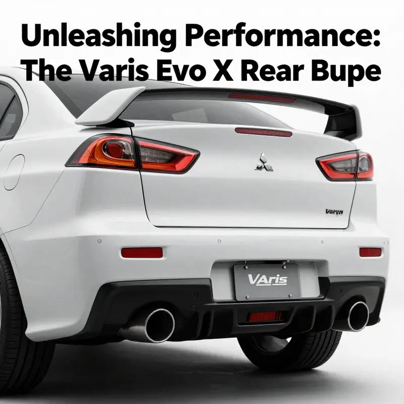 Mitsubishi Lancer Evo X with Varis rear bumper highlighted in a showroom setting.