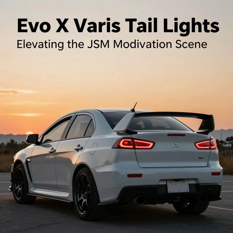 Mitsubishi Evo X with Varis tail lights illuminated, set against a sunset backdrop.