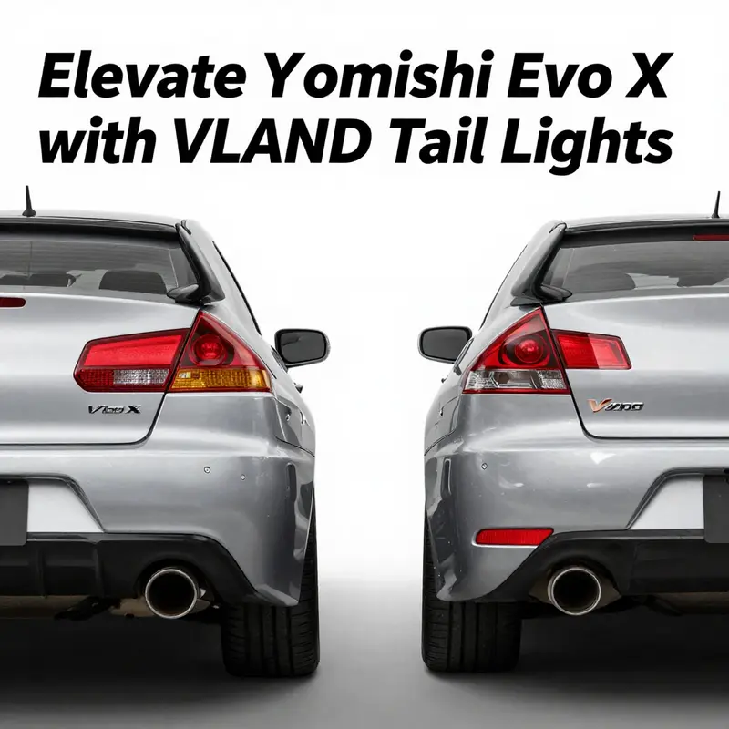 VLAND tail lights fitting perfectly on a Mitsubishi Lancer Evolution X, highlighting compatibility.