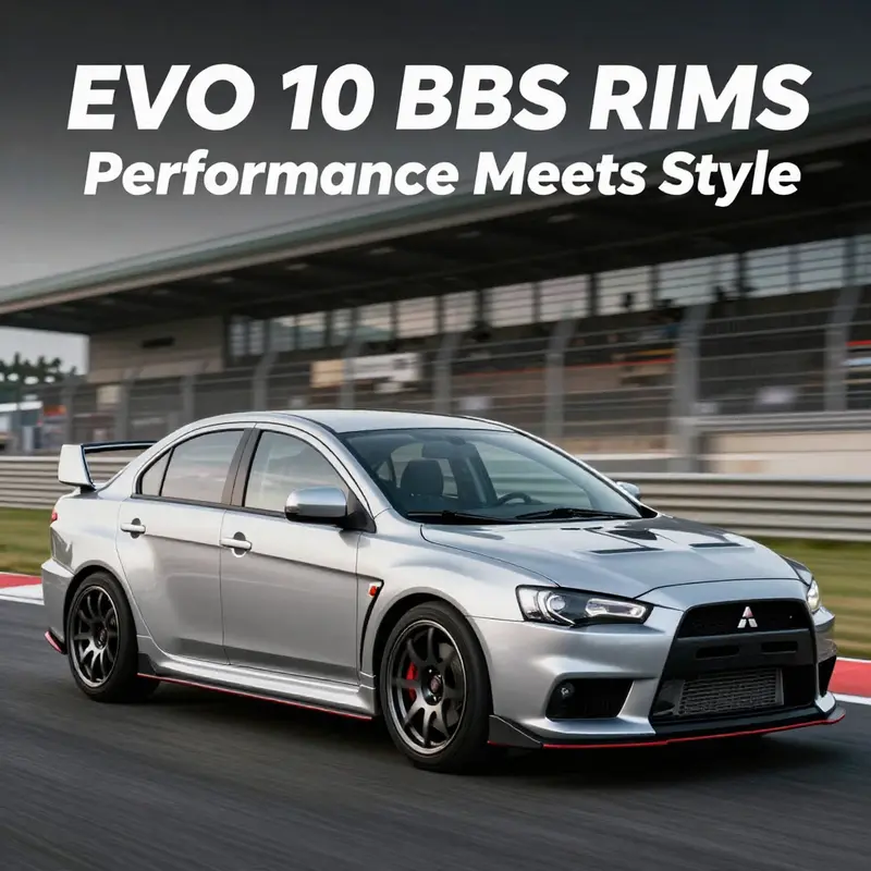 Mitsubishi Lancer EVO 10 speeding on a racetrack, showcasing its distinctive BBS rims and sporty design.