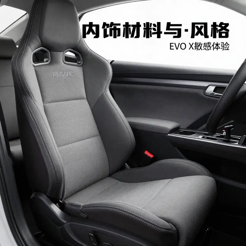 The RECARO bucket seats crafted for the EVO X showcase an ergonomic design and premium materials.