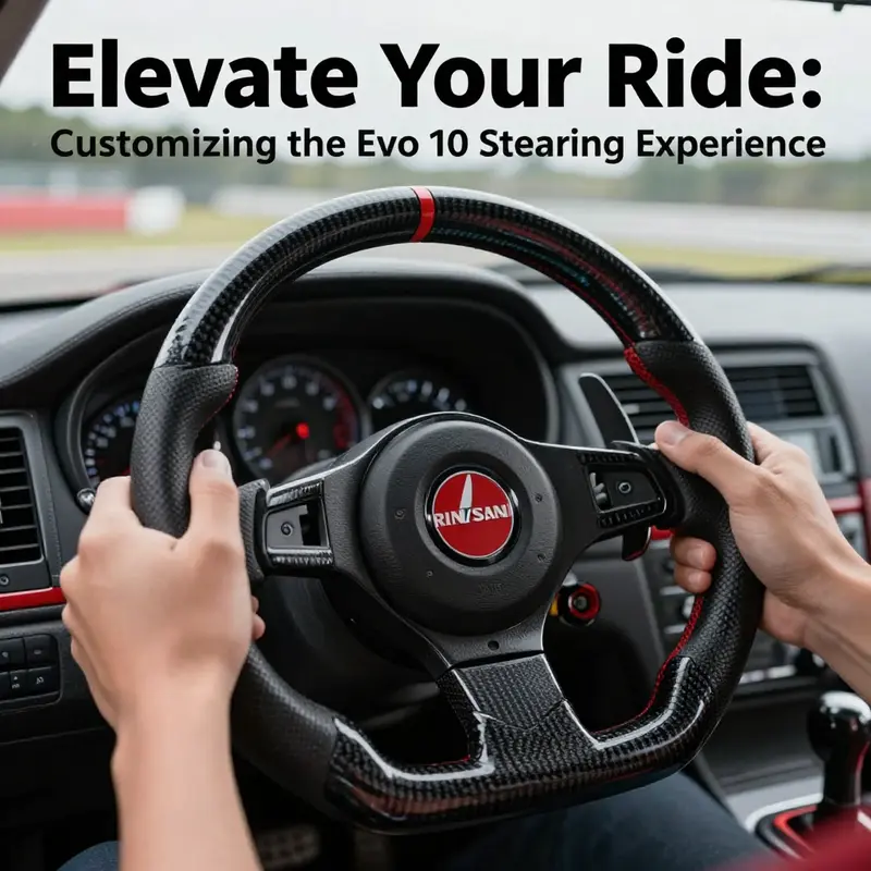 A close-up image of a driver gripping an Evo 10 carbon fiber steering wheel, highlighting the performance aspect in a racetrack setting.
