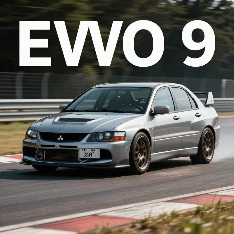 A Mitsubishi EVO 9 racing on a track, illustrating its performance capabilities and design.