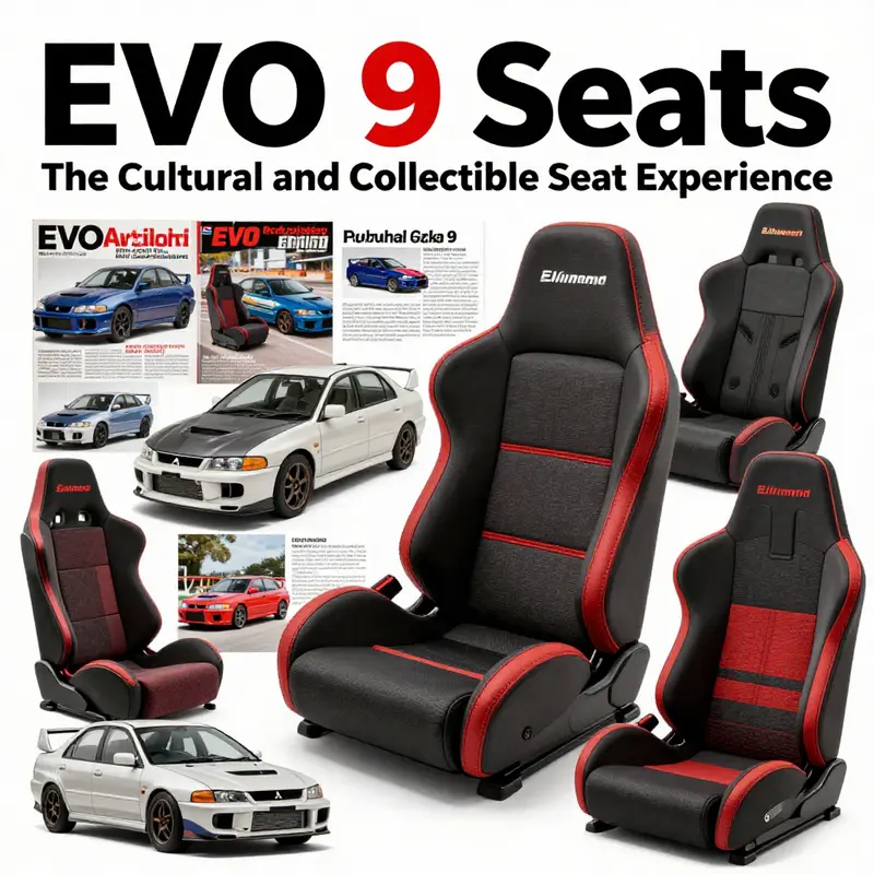 Close-up of Mitsubishi EVO 9 seats highlighting their distinct blue fabric and sporty design.