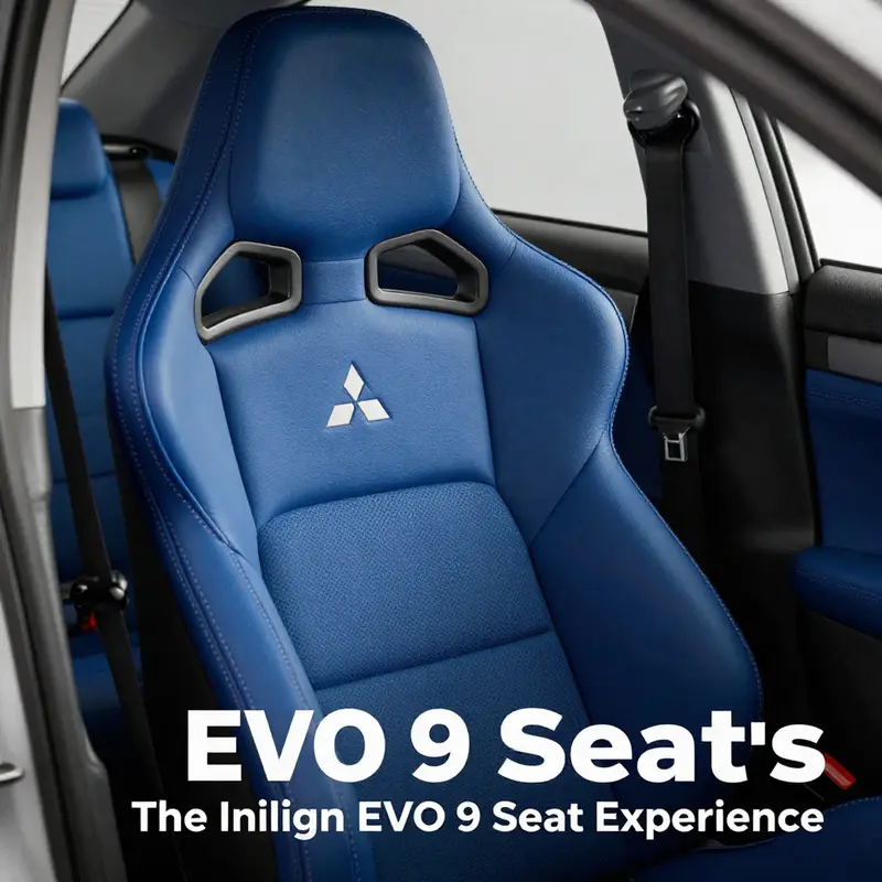 Close-up of Mitsubishi EVO 9 seats highlighting their distinct blue fabric and sporty design.