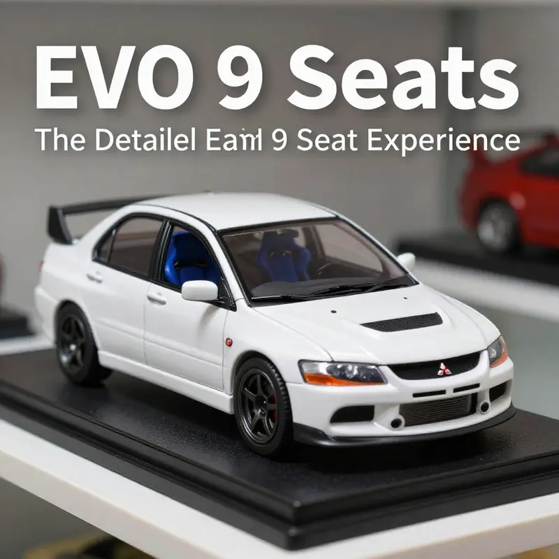 Close-up of Mitsubishi EVO 9 seats highlighting their distinct blue fabric and sporty design.