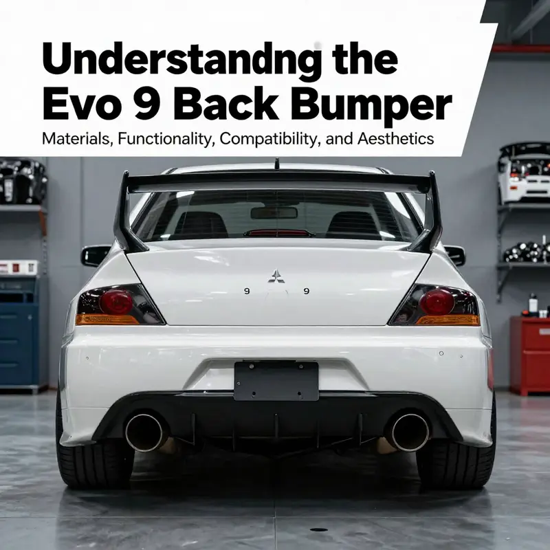 An Evo 9 back bumper showcased amongst various automotive parts.