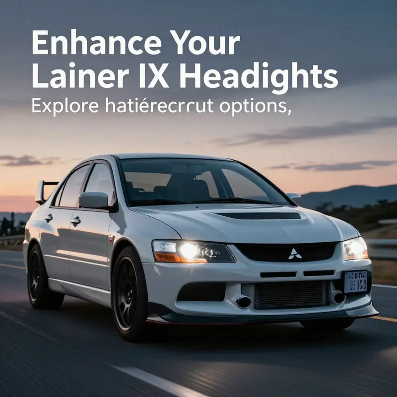 EVO9 on the road at night with bright headlights activated.