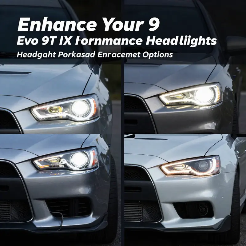 A variety of aftermarket headlights showcasing the diverse options available for the EVO9.