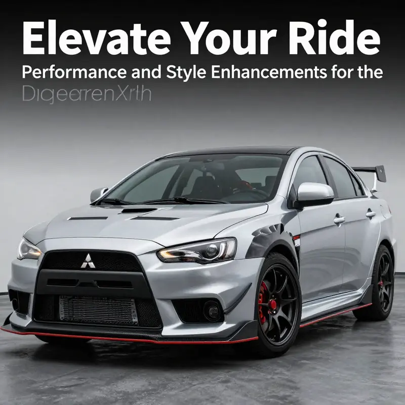 Dynamic shot of Mitsubishi Lancer Evolution Evo X highlighting performance modifications and aerodynamic features.