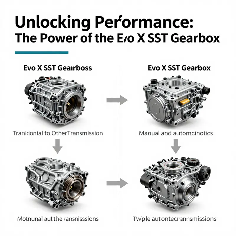 Detailed technical illustration of the Evo X SST gearbox, displaying its advanced dual-clutch system.