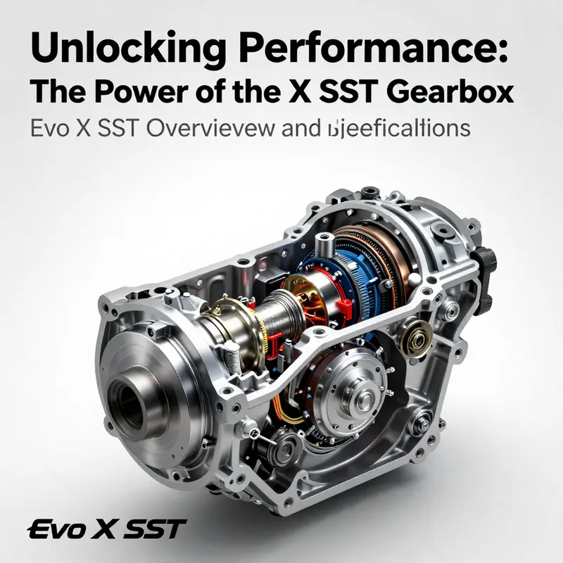 Detailed technical illustration of the Evo X SST gearbox, displaying its advanced dual-clutch system.