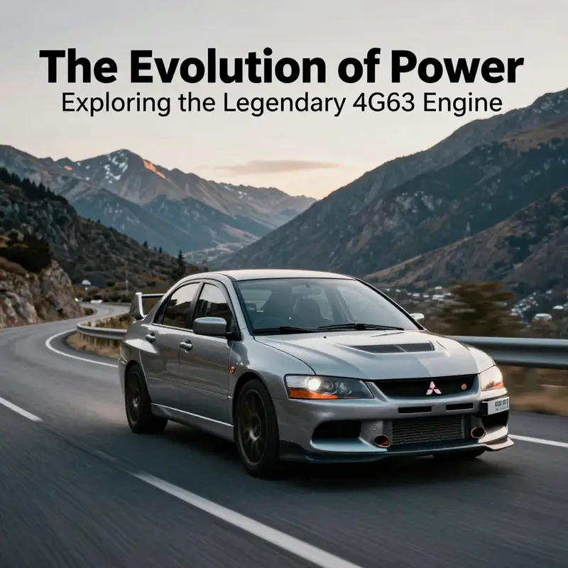 Mitsubishi Lancer Evolution racing down a mountain road, representing the high-performance legacy of the 4G63 engine.
