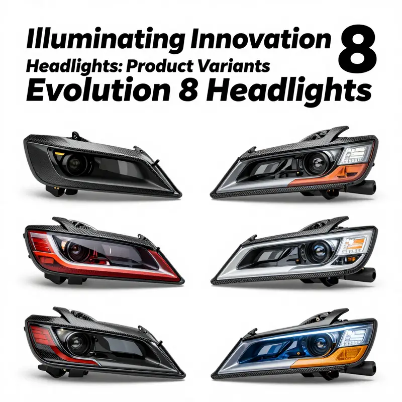 Diverse Evolution 8 headlights showcasing customization options like carbon fiber accents and LED transformations.