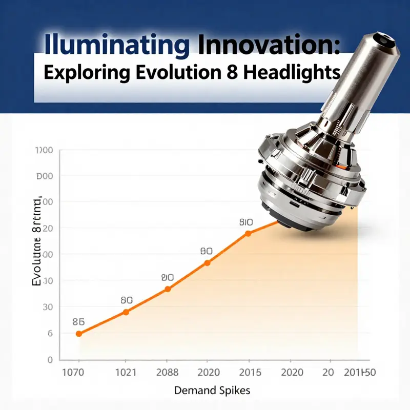 Diverse Evolution 8 headlights showcasing customization options like carbon fiber accents and LED transformations.