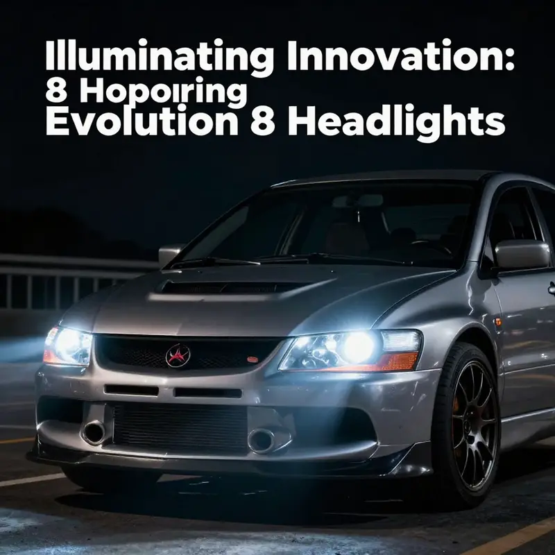 Diverse Evolution 8 headlights showcasing customization options like carbon fiber accents and LED transformations.