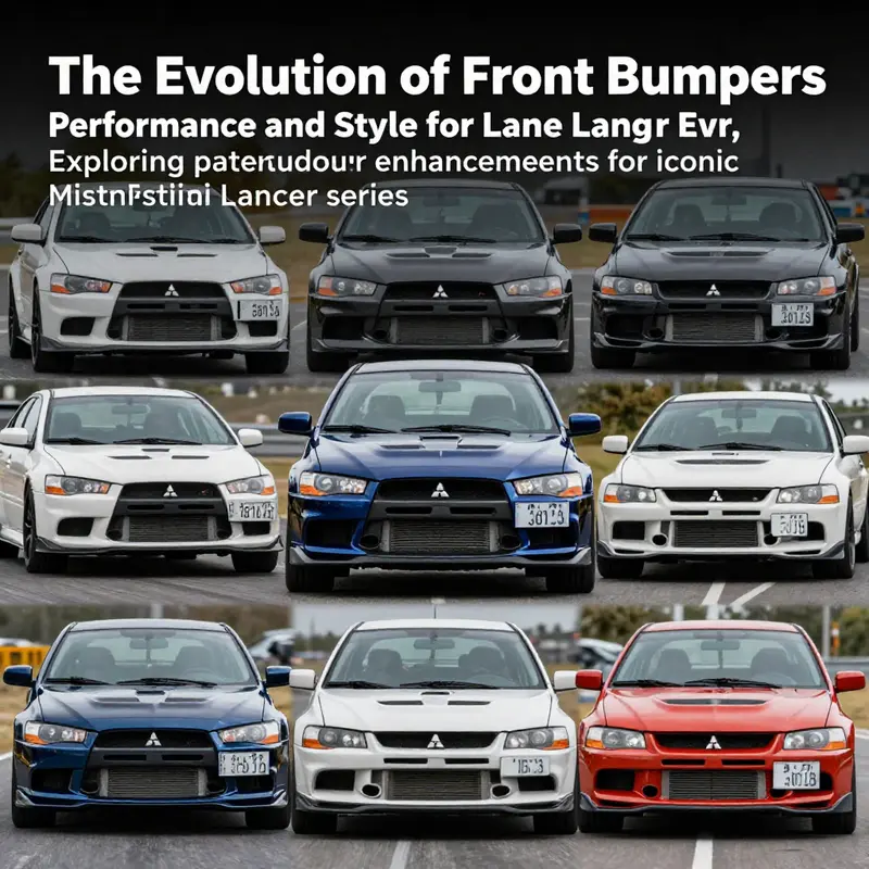 A montage of Mitsubishi Lancer Evolution models displaying different front bumpers, symbolizing the evolution of automotive design and performance.