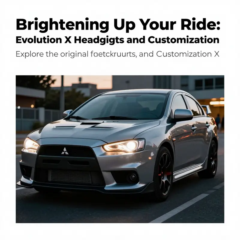 Mitsubishi Lancer Evolution X parked with headlights on in an urban setting at dusk.