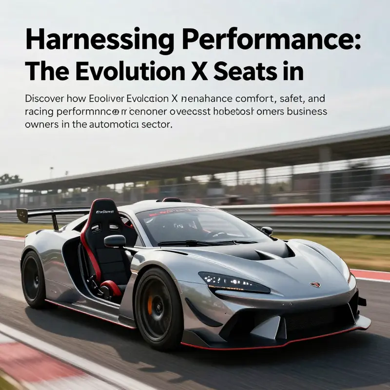 A high-performance car featuring Evolution X Seats, positioned on a racetrack, symbolizing speed and design excellence.
