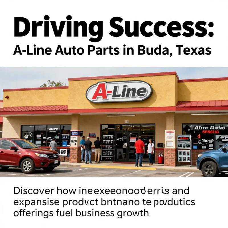 Exterior of A-Line Auto Parts store in Buda, Texas, with customers engaging with staff amidst an array of automotive parts.