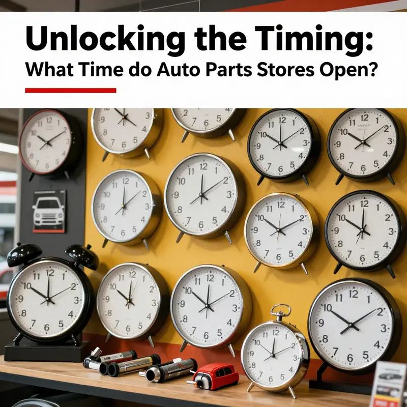 An artistic representation of auto parts with clocks displaying different opening hours, emphasizing store timing variations.