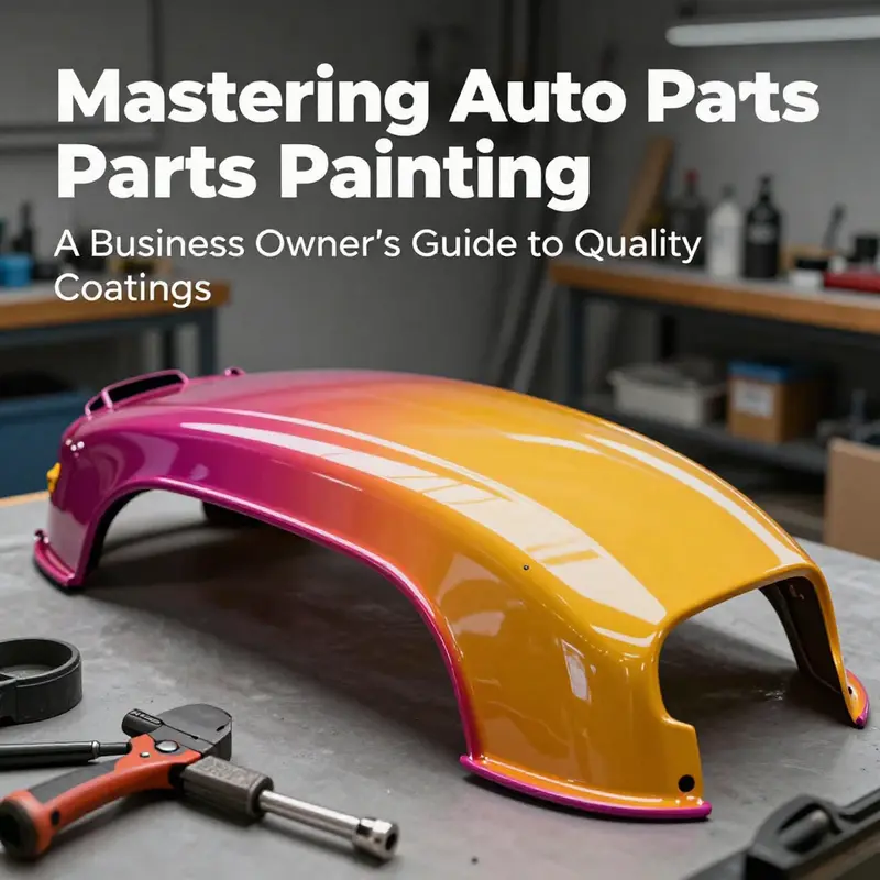 A beautifully painted automotive part displaying vibrant colors and gloss, set against workshop machinery.