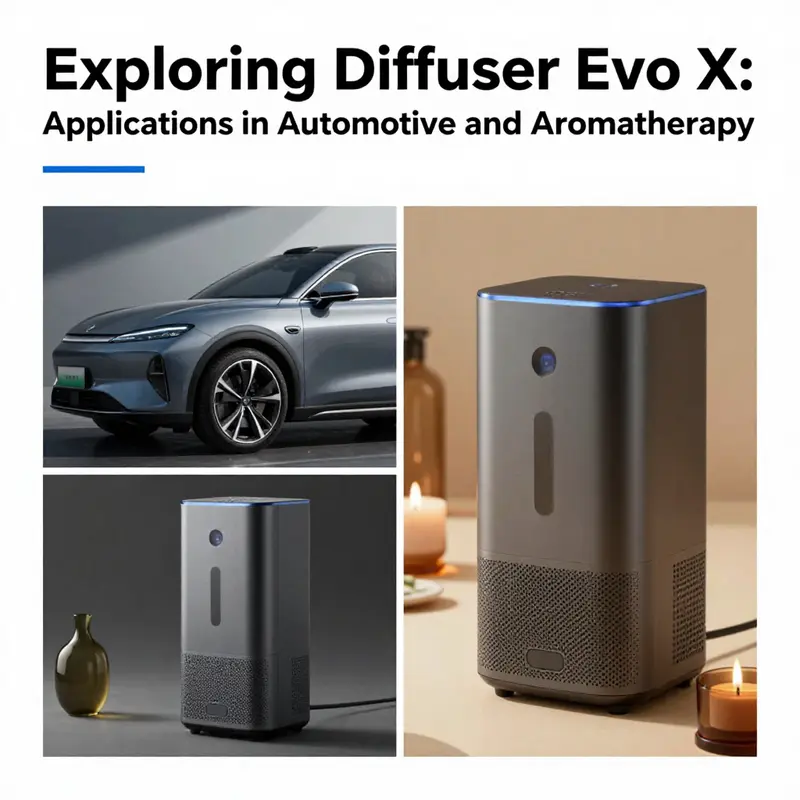 A creative representation showing the dual application of Diffuser Evo X in a car and an aromatherapy setting.