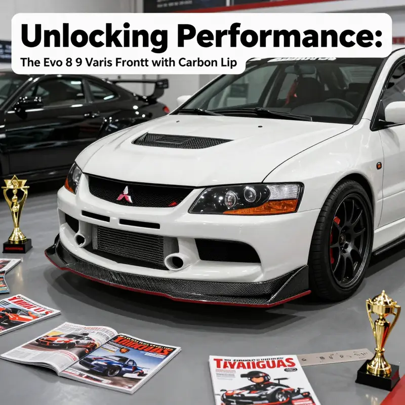 Mitsubishi Lancer Evo 8 displayed in showroom setting featuring a Varis front bumper with carbon lip, showcasing its automotive excellence.