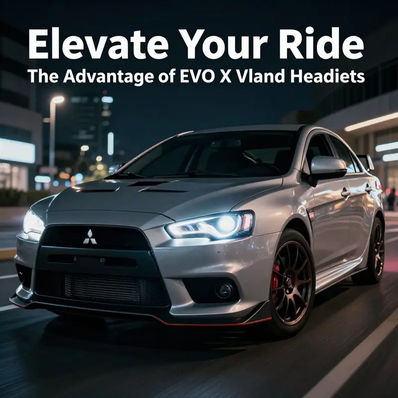 Mitsubishi Lancer EVO X with Vland headlights illuminated in a nighttime city scene.