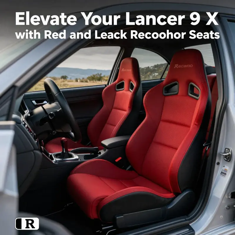 Mitsubishi Lancer Evo 9 X interior featuring red and black Recaro seats in a scenic outdoor setting.