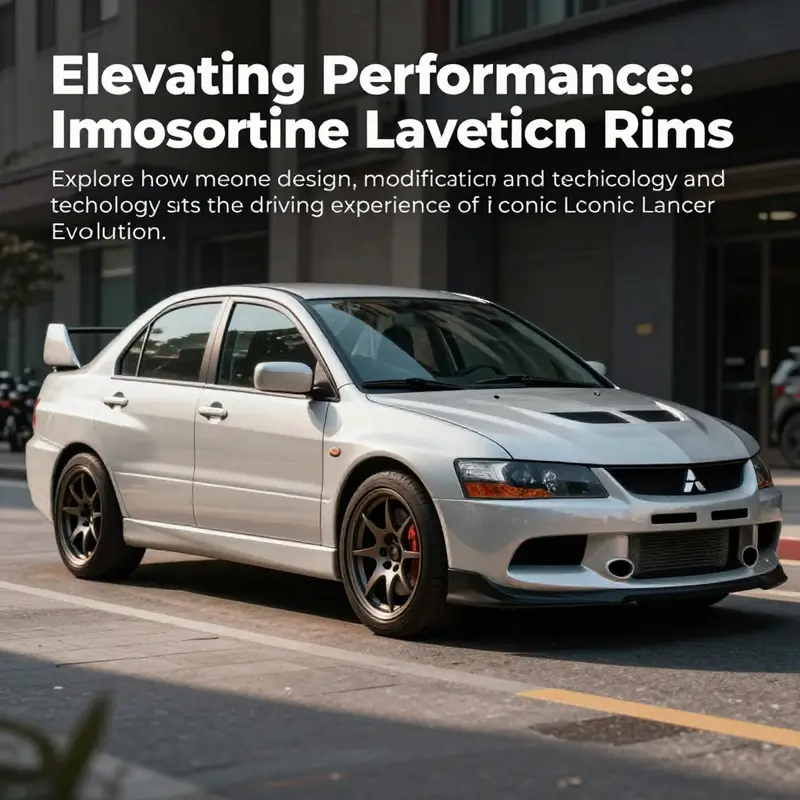 Mitsubishi Lancer Evolution parked with an emphasis on its high-performance rims, set against an urban backdrop.