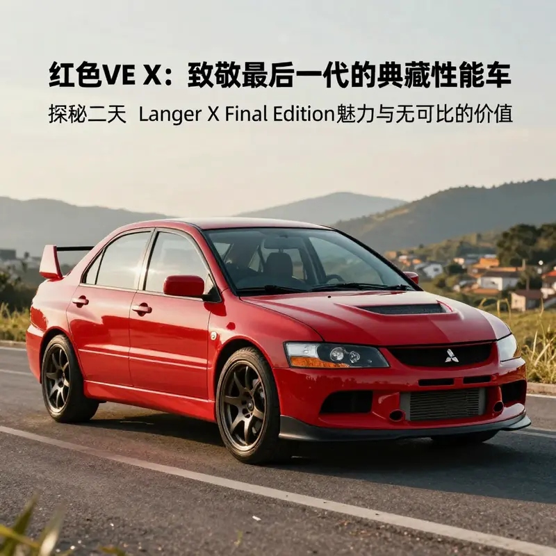 Red Evo X parked against a picturesque backdrop with sunlight emphasizing its design and presence.