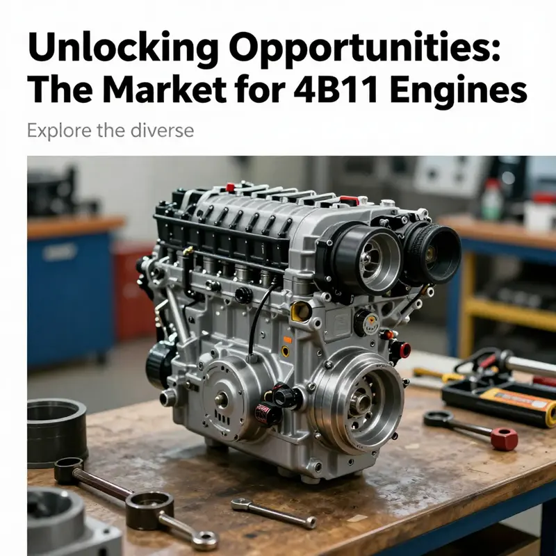 Detailed view of a 4B11 turbocharged engine on a workshop bench, surrounded by automotive tools.