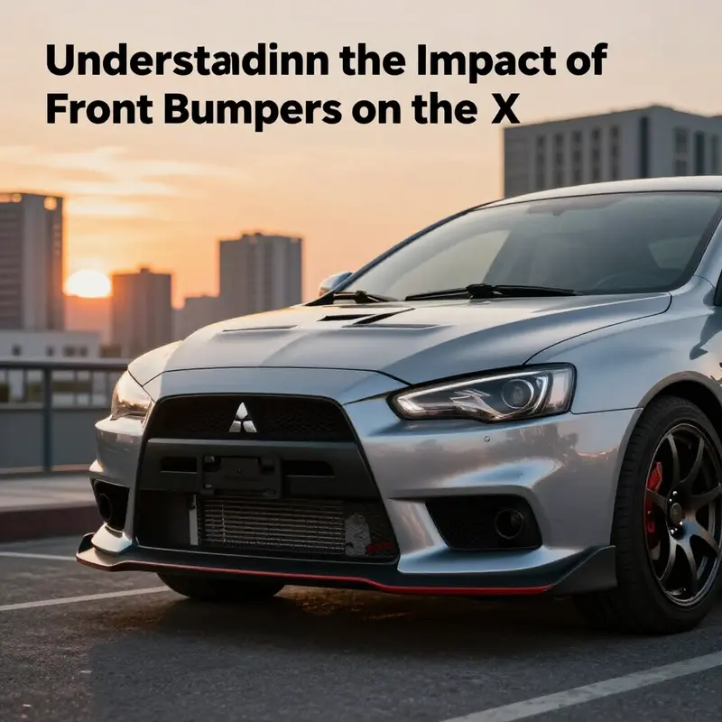 Mitsubishi Lancer Evo X with an elegant front bumper in a city during sunset.