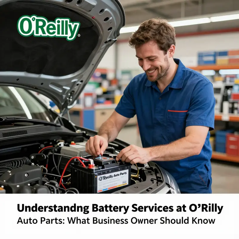 An O’Reilly Auto Parts technician assisting with battery installation, exemplifying their free service.