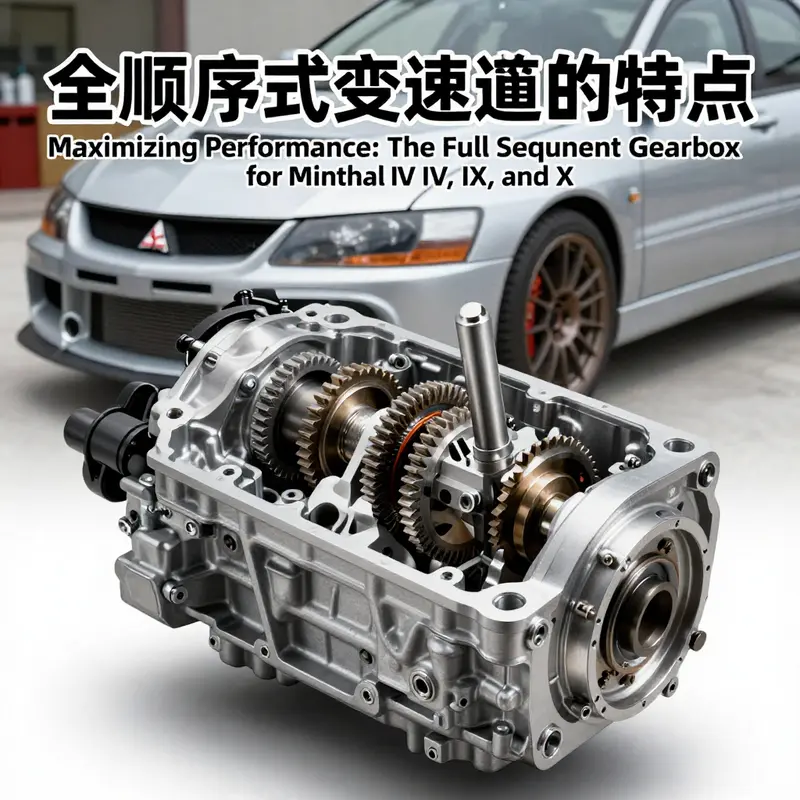A close-up of a full sequential gearbox showcasing its components, crucial for enhancing performance in Mitsubishi Evolutions.