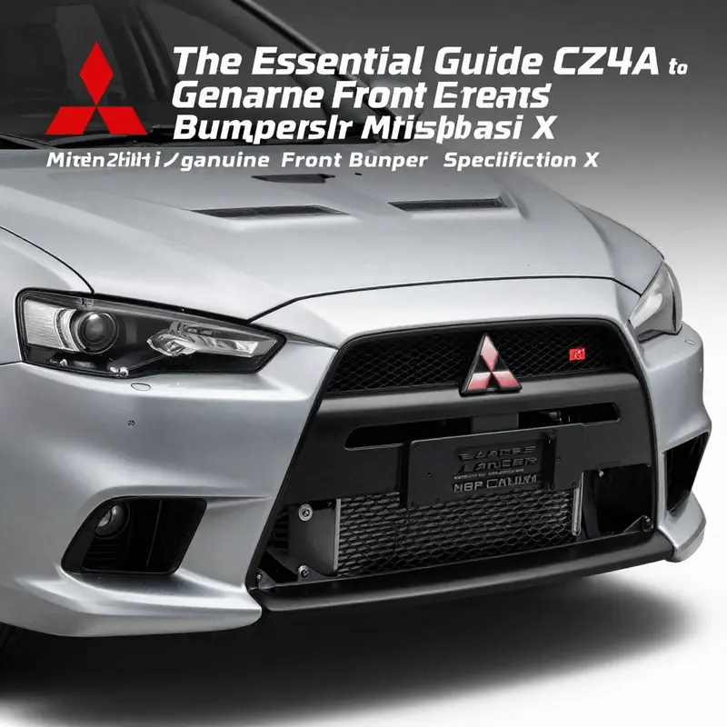 A close-up look at the detailed specifications of a genuine Mitsubishi Lancer Evolution X front bumper.
