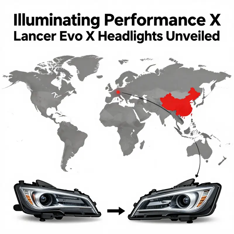 Close-up view of OEM headlights exhibiting their unique design and functionality on a Lancer Evo X.