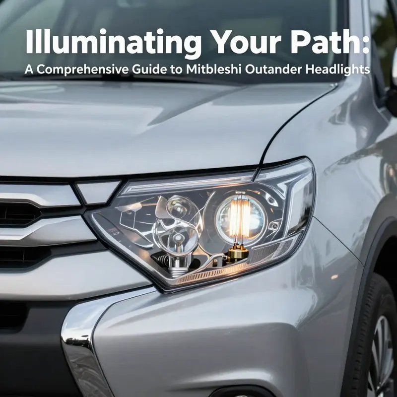 Detailed view of a halogen headlight illuminating the front of a Mitsubishi Outlander.