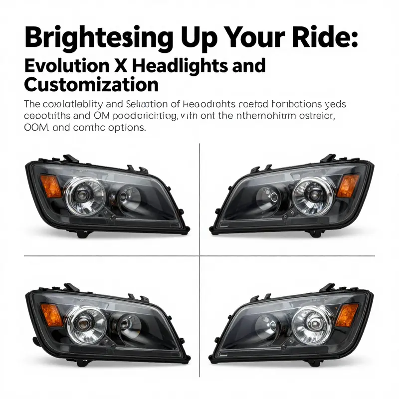 The original projector-style headlights of the Mitsubishi Lancer Evolution X, showcasing their aggressive design and high-performance HID bulbs.