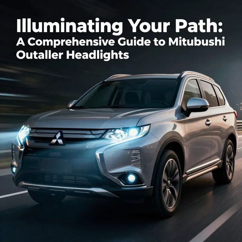Detailed view of a halogen headlight illuminating the front of a Mitsubishi Outlander.