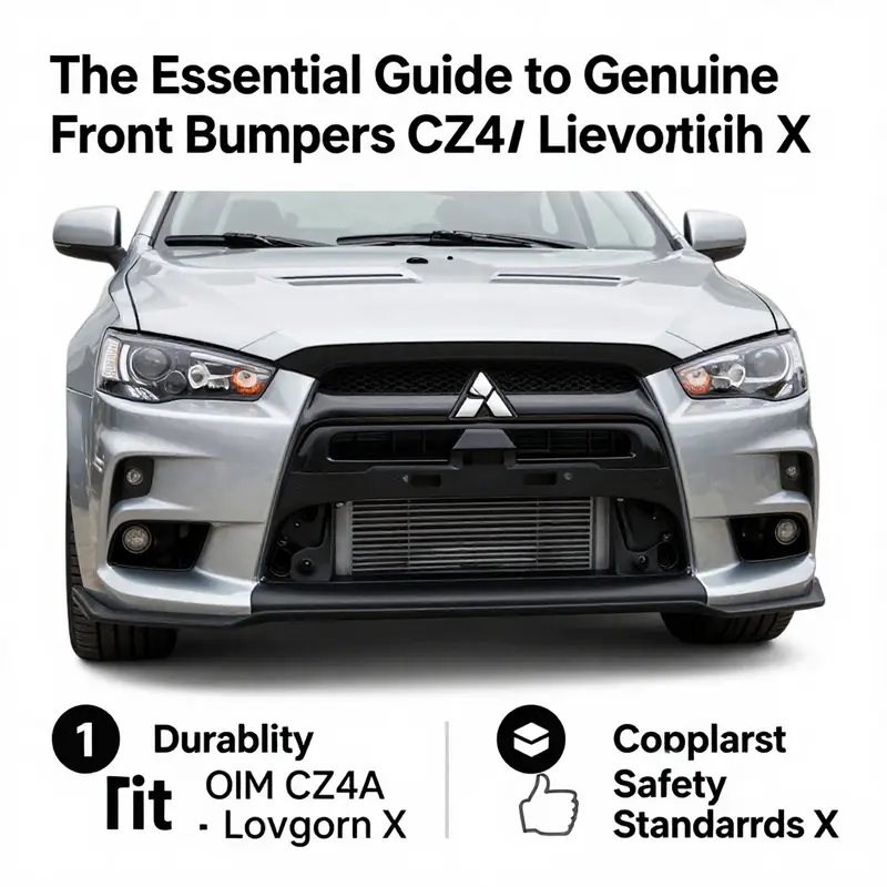 A close-up look at the detailed specifications of a genuine Mitsubishi Lancer Evolution X front bumper.