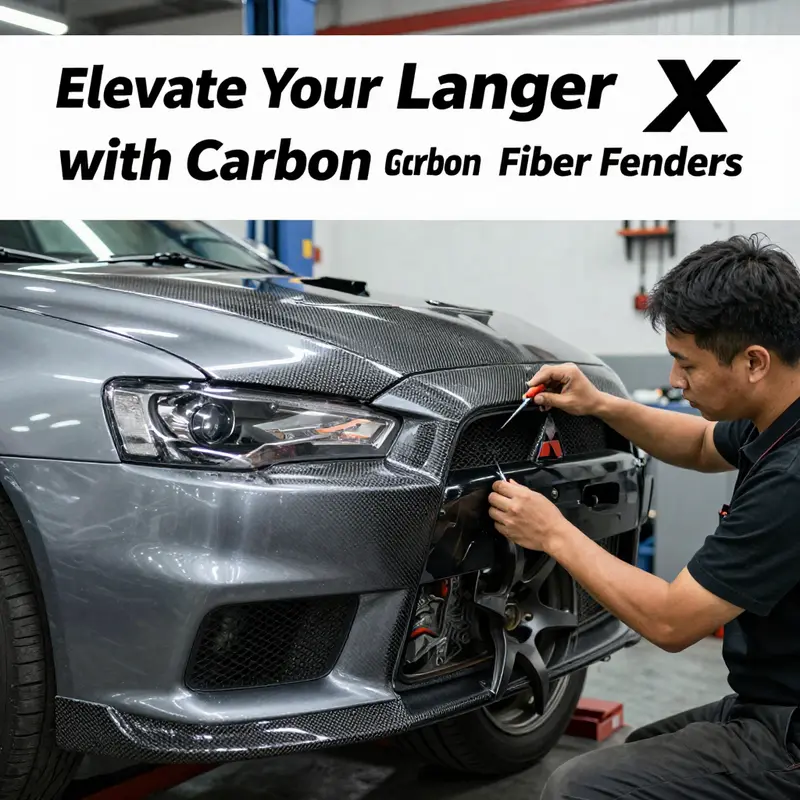 The Mitsubishi Evo X showcasing enhanced performance with carbon fiber fenders on a racetrack.