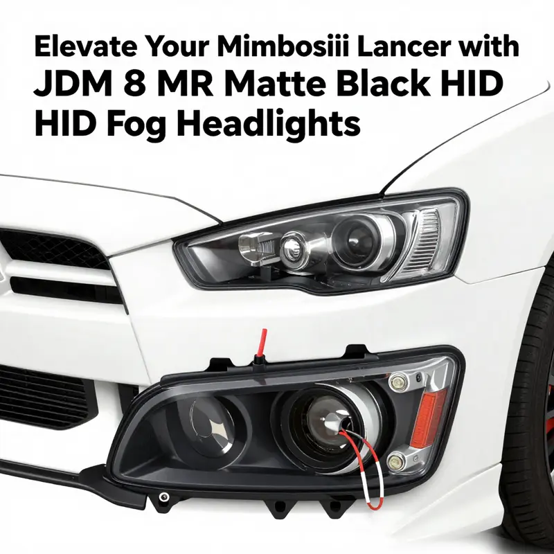 Detailed close-up of the JDM 8 MR Matte Black HID headlights, highlighting the illumination and stylish design.