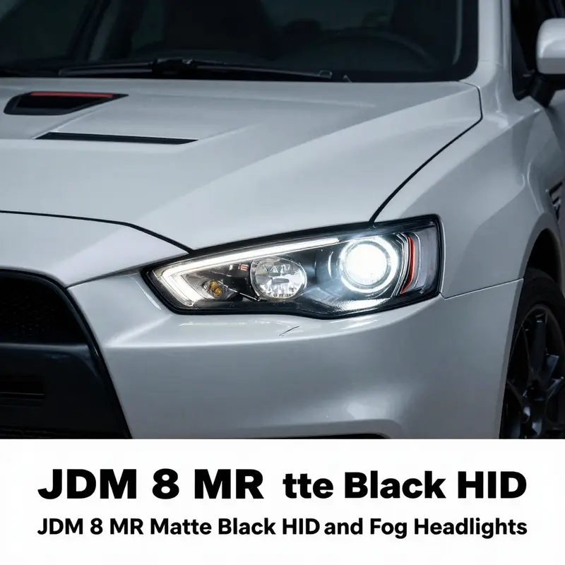 Detailed close-up of the JDM 8 MR Matte Black HID headlights, highlighting the illumination and stylish design.