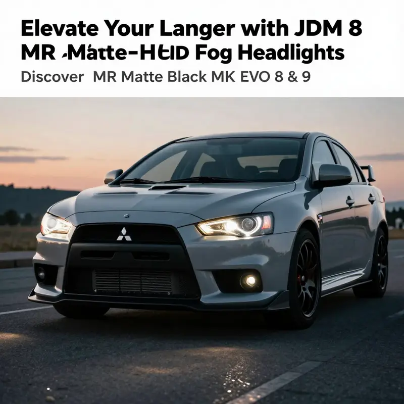 A Mitsubishi Lancer EVO 8 with JDM 8 MR Matte Black HID and fog headlights illuminated at dusk, highlighting the headlights' performance.