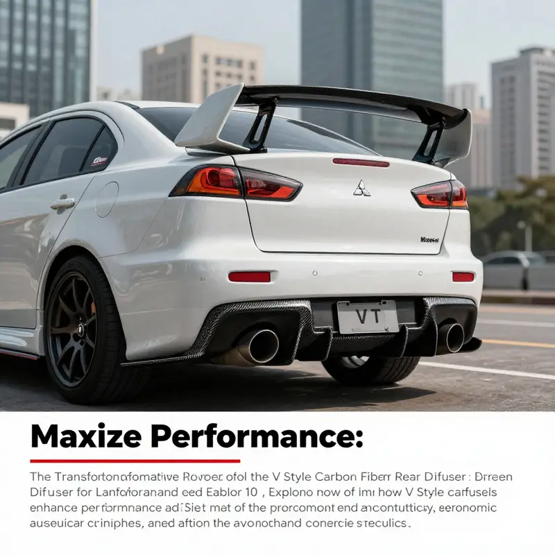 A Mitsubishi Lancer with V Style carbon fiber rear diffuser, positioned against a dynamic cityscape.